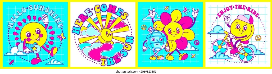 Hippie sunshine prints for tee, t-shirt with slogans and characters. Funky Vibrant fluorescent groovy concept with sun, emoticon, flower. Used as social media post or square banner, poster