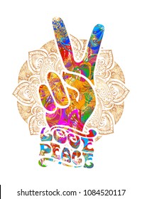 símbolos hippie dos dedos como señal de victoria, una señal de amor y paz en el Pacífico y letra. Al estilo de los años 60, 70 con elementos de mehendi.