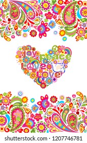 Hippie t shirt print with colorful flowers seamless border and floral heart shape with peace, love, joy words, peace hippie symbol, rainbow and paper cutting dove with olive branch on white background