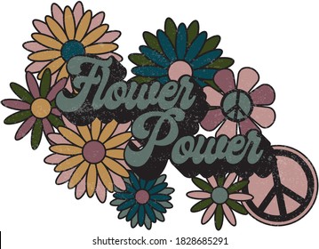 Hippie Themed Floral Illustration with Inspirational Slogan - 70's Groovy Hand Drawn Vector Print - Flower Power