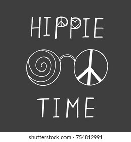 Hippie time words with glasses. Typography poster in bohemian style.