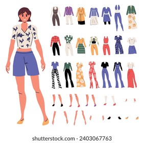 Hippie in trendy flat style. Creation options and character composition.Cartoon person.Isolated. Set of clothes.Different emotions and gestures. Background. Poses.Dress and pants. Woman.Body part. 