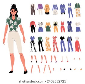 Hippie in trendy flat style. Creation options and character composition. Set of clothes.Different emotions and gestures. Background. Isolated. Poses.Dress and pants. Woman.Body part. Cartoon person