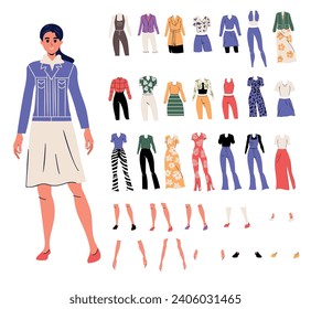 Hippie in trendy flat style. Creation options and character composition. Cartoon person. Isolated. Set of clothes. Different emotions and gestures. Background. Poses. Jeans. Woman. Body part. 