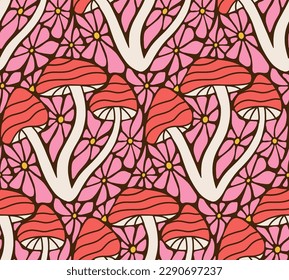 Hippie trippy Floral seamless pattern with mushrooms. 70s Groovy stained glass mosaic Cartoon simple print for fabric. Vector flat hand drawn illustration.