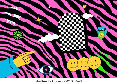 Hippie trippy psychedelic illustration on a acid zebra background.