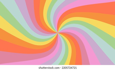 Hippie Trippy Retro Background For Psychedelic 60s 70s Parties With Bright Rainbow Colors And Groovy Rainbow Starburst Sunburst  Swirl Pattern In Pop Art Style.