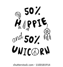 Hippie and unicorn cute vector. Made by trace from sketch. Design for t-shirt, poster, greeting card.
