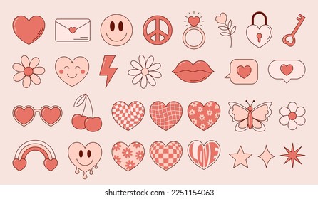 Hippie Valentines day romantic sticker collection. Groovy cute elements in trendy retro style. Vector illustration