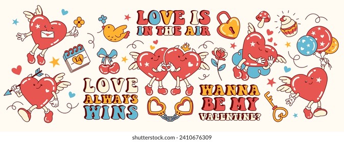 Hippie Valentine's Day Sticker pack. Trendy retro doodle style. Fun 14 February set with heart shaped mascots and love slogans. Groovy stickers and prints. Hippy 60s, 70s style. Hand drawn, not AI