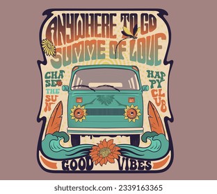 Hippie-van-Life-Vektordesign, Sommer-Retro-Vintage-Typografie-Design, Hippie-Girl-Vintage-Kunstwerk für T-Shirt, Aufkleber, Poster, Caravan-Tour