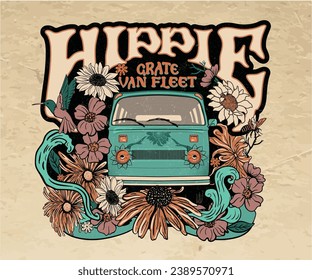 Hippie-van-Life-Vektordesign, Sommerreisekarte, Retro-Vintage-Blumendesign für T-Shirt, Aufkleber, Poster, Grafikdruck, Grate-van-Life-Typografie 