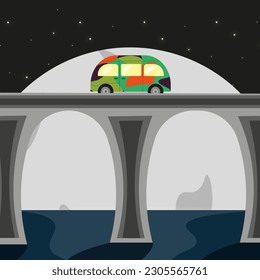 Hippie Van on the Bridge in the Night Landscape. Flat vector illustration with Retro Bus on the road against moon and nighty sky. Square vintage clipart.