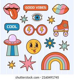 Hippie vector 1970 elementos de groovy de vibración, linda ilustración de dibujos animados divertidos. Conjunto de símbolos hippie retro o insignias con flores de margarita, ufo y gafas. Pegatinas positivas aisladas de estilo vintage.