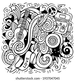 Hippie vector doodles illustration. Hippy design. Young people elements and objects cartoon background. Line art funny picture. All items are separated