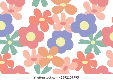 Hippie vector floral pattern. Retro vintage style, handmade decorative elements. 60s, 70s, flower icon, pastel colors, cute kids decor. Flat cartoon.