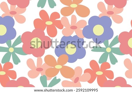 Hippie vector floral pattern. Retro vintage style, handmade decorative elements. 60s, 70s, flower icon, pastel colors, cute kids decor. Flat cartoon.
