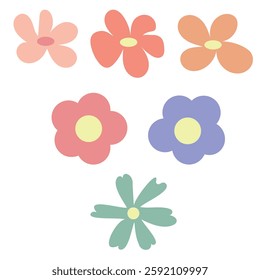 Hippie vector flowers set. Retro vintage style, handmade decorative elements. 60s, 70s, flower icon, pastel colors, cute kids decor. Flat cartoon.