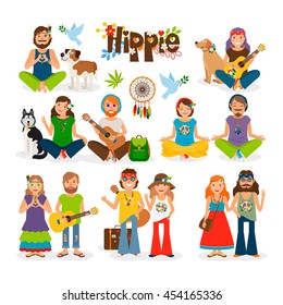 Hippie vector illustration. Barefoot man with flowers and dog and hippie girl