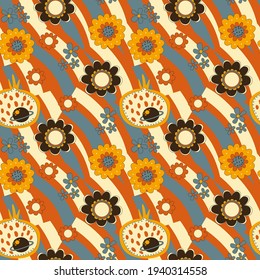 Hippie vector pattern with flowers and happy colors