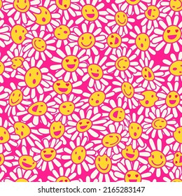 Hippie vector seamless pattern. Old school psychedelic background with smile faces in chamomile flowers. Nostalgia retro 70s groovy print. Colorful textile and surface design