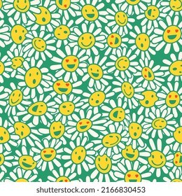 Hippie vector seamless pattern. Old school psychedelic background with smile faces in chamomile flowers. Nostalgia retro 70s groovy print. Colorful textile and surface design