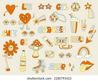 Hippie vibe big set. Retro 70s  illustration. Hand drawn vector groovy psychedelic cartoon style. 