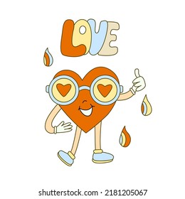 Hippie vibe poster with heart shaped character wearing sun glasses. Retro 70s  vector illustration. Groovy cartoon style. Love hand drawn lettering.