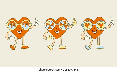 Hippie vibe poster with heart shaped characters wearing psychedelic sun or eye glasses. Retro 70s  vector illustration. Groovy cartoon style. 