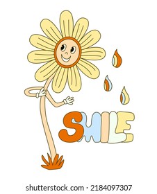 Hippie vibe poster with smiling daisy flower. Retro 70s  vector illustration. Groovy cartoon style. Smile hand draw lettering.
