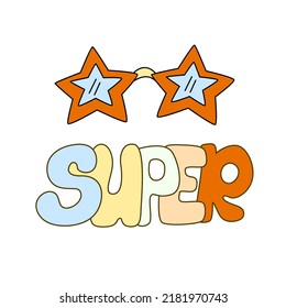 Hippie vibe poster with stars shape eye glasses. Retro 70s  vector illustration. Groovy cartoon style. Super hand draw lettering.