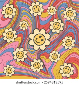 Hippie vibes with colorful sunflowers and waves. 70s, 80s poster. Trendy floral poster in pastel colors. Vector illustration