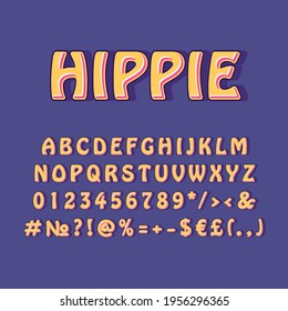 Hippie vintage 3d vector alphabet set. Retro bold font, typeface. Pop art stylized lettering. Old school style letters, numbers, symbols pack. 90s, 80s creative typeset design template