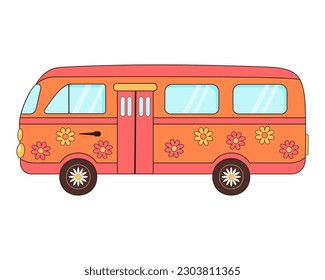 Hippie vintage bus with flowers. Groovy retro hippie travel van. Love, peace, travel, adventure, hippie culture concept.