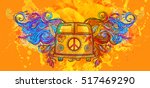 Hippie vintage car a mini. Ornamental background. Love and Music with hand-written fonts, hand-drawn doodle background and textures. Hippy color vector illustration. Retro 1960s, 60s, 70s