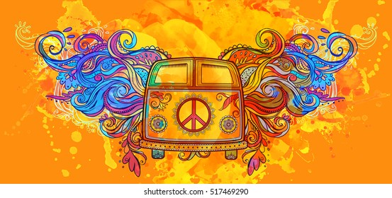 Hippie vintage car a mini. Ornamental background. Love and Music with hand-written fonts, hand-drawn doodle background and textures. Hippy color vector illustration. Retro 1960s, 60s, 70s