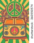 Hippie vintage car a mini van. Ornamental background. Love and Music with hand-written fonts, hand-drawn doodle background and textures. Hippy color vector illustration. Retro 1960s, 60s, 70s