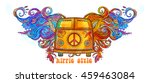 Hippie vintage car a mini van. Ornamental background. Banner color vector illustration. Psychedelic Border and Retro 1960s, 60s, 70s