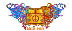 Hippie Vintage Car A Mini Van. Ornamental Background. Banner Color Vector Illustration. Psychedelic Border And Retro 1960s, 60s, 70s