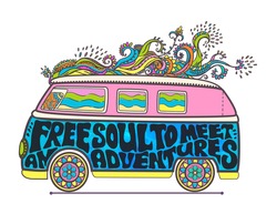 Hippie Vintage Car A Mini Van. Ornamental Background. Love And Music With Hand-written Fonts, Hand-drawn Doodle Background And Textures. Hippy Color Vector Illustration. Retro 1960s, 60s, 70s