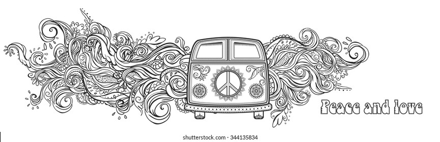 Hippie vintage car a mini van. Ornamental background. Love and Music with hand-written fonts, hand-drawn doodle background and textures. Hippy color vector illustration. Retro 1960s, 60s, 70s