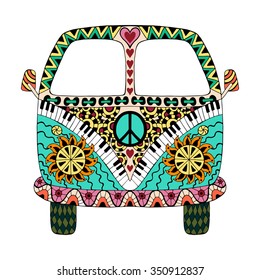 Hippie vintage car a mini van in zentangle style for adult anti stress. Coloring page with high details. Made by trace from sketch. Hippy color vector illustration. Retro 1960s, 60s, 70s