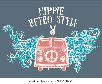 Hippie vintage car a mini van. Ornamental background. Love and Music with hand-written fonts, hand-drawn doodle background and textures. Hippy color vector illustration. Retro 1960s, 60s, 70s