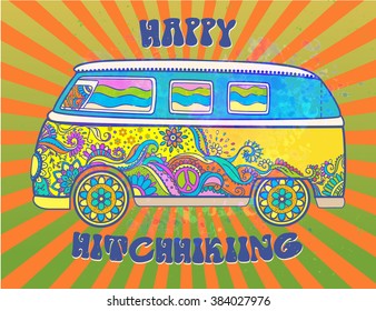 Hippie vintage car a mini van. Love and Music with hand-written fonts, hand-drawn doodle background and textures. Hippy color vector illustration. Retro 1960s, 60s, 70s, Woodstock Music and Art Fair. 