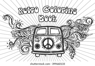 Hippie vintage car a mini van Ornate background Love and Music with hand-written fonts hand-drawn doodle background and textures Hippy color vector illustration Retro 1960s 60s, 70s Woodstock festival