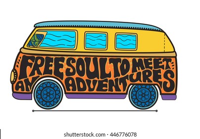 Hippie Vintage Car A Mini Van Ornate Background Love And Music With Hand-written Fonts  Background And Textures Hippy Color Vector Illustration Retro 1960s 60s, 70s Woodstock Festival