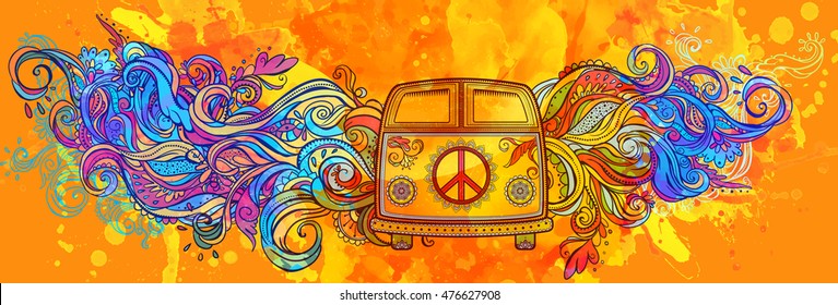 Hippie vintage car a mini van. Ornamental background. Love and Music with hawn doodle background and textures. Hippy color vector illustration. Retro 1960s, 60s, 70s
