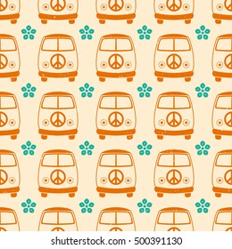 Hippie vintage car a mini van. Ornamental background. Love and Music with textures. Hippy color vector illustration. Retro 1960s, 60s, 70s