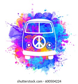 Hippie Vintage Car A Mini Van Watercolor Color Vector Illustration. Retro 1960s, 60s, 70s