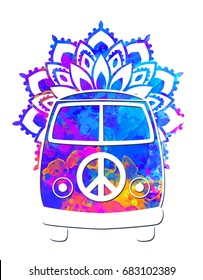 Hippie vintage car a mini van watercolor color vector illustration. Retro 1960s, 60s, 70s Mandala